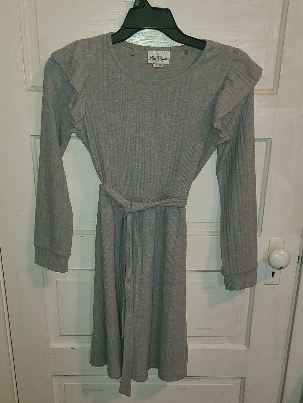 Rare Editions Gray Ribbed Long-Sleeve Dress with Tie